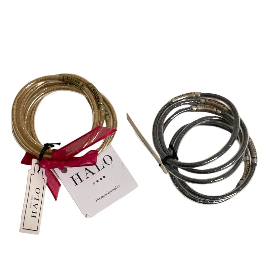 New Project Halo Bracelets Blessed Bangles Set of Two - silver, champagne